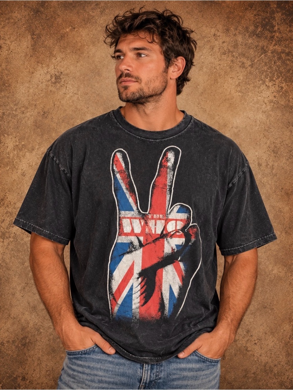 Men's Washed Black Graphic Tee with Union Jack Peace Print